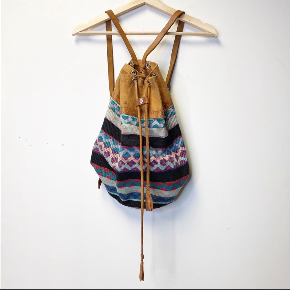 Vintage Leather Woven Textile Bucket Backpack